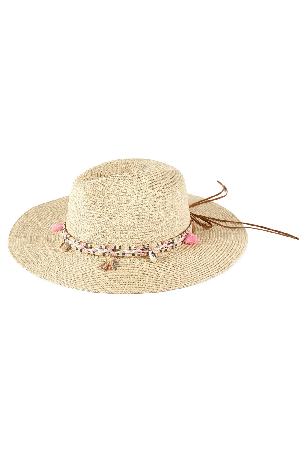 Beige Bohemian Tassel Banded Straw Sun Hats - Pack of Six