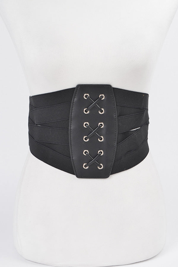 Black Faux Leather Corset Wide Elastic Belt - Pack of 6