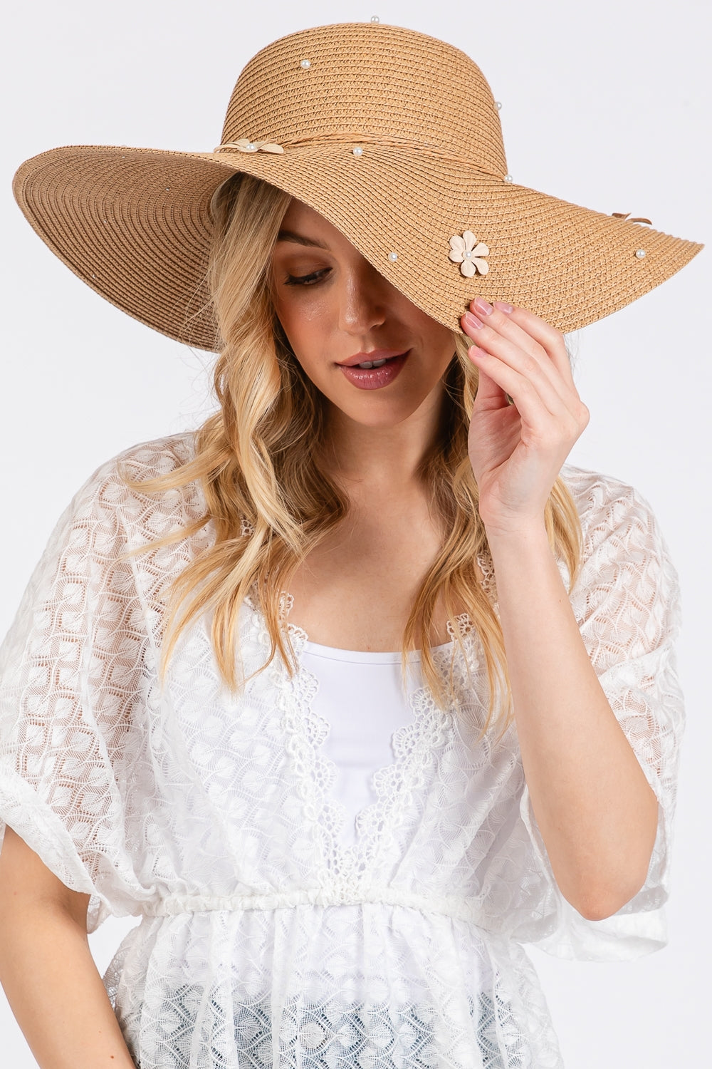 Taupe Daisy and Pearl Decorated Wide Floppy Sun Hat - Pack of 6