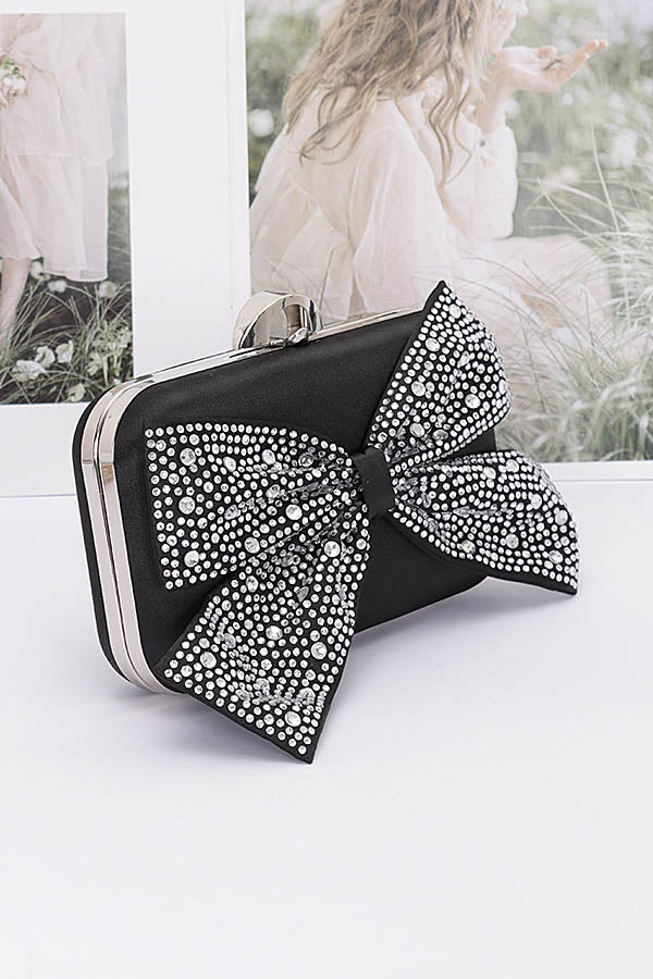 Set of 3 Stylish 1626 Black Rhinestone Hotfix Ribbon Nylon Hard Case Clutches