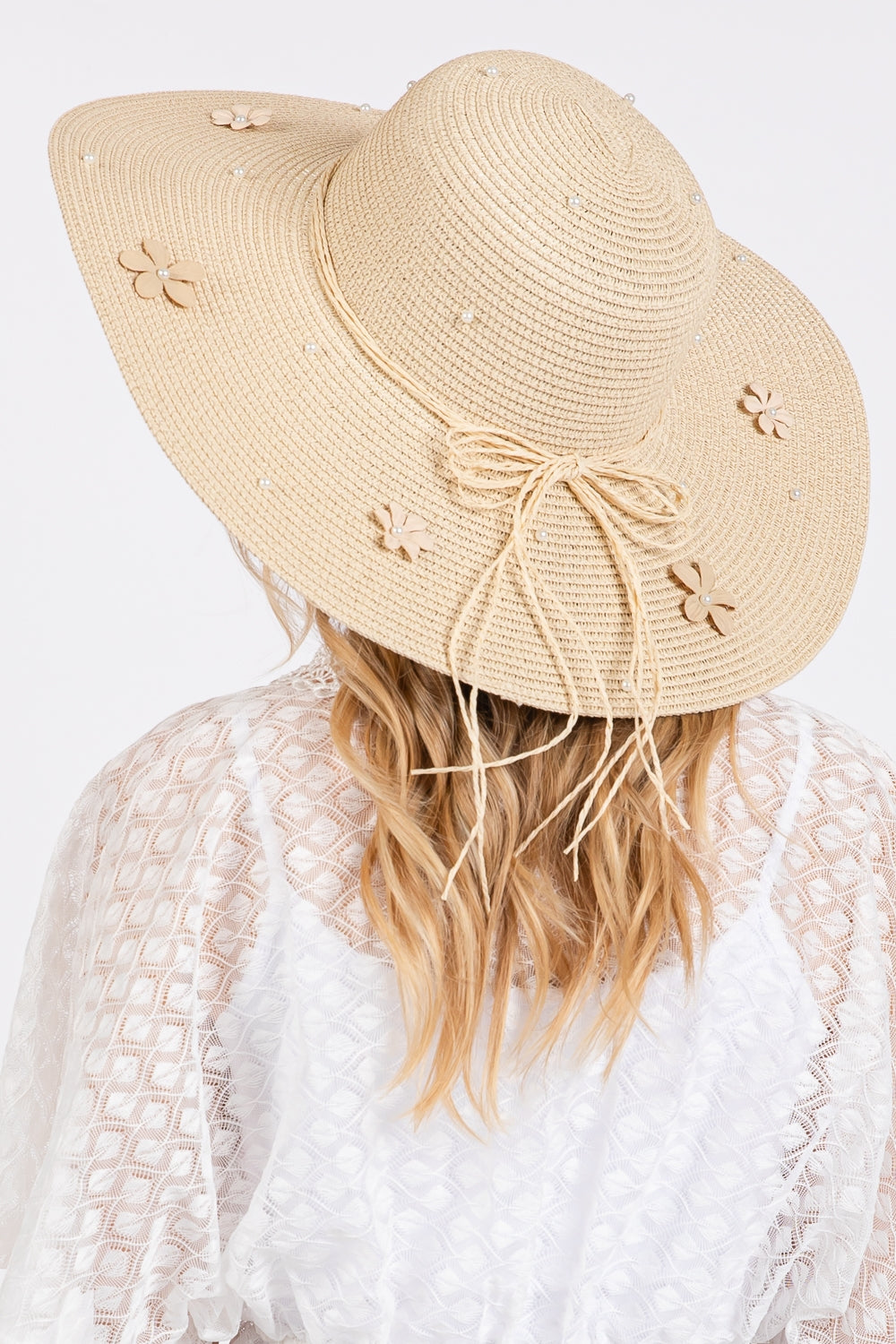 Beige Daisy and Pearl Decorated Wide Floppy Sun Hat - Pack of 6