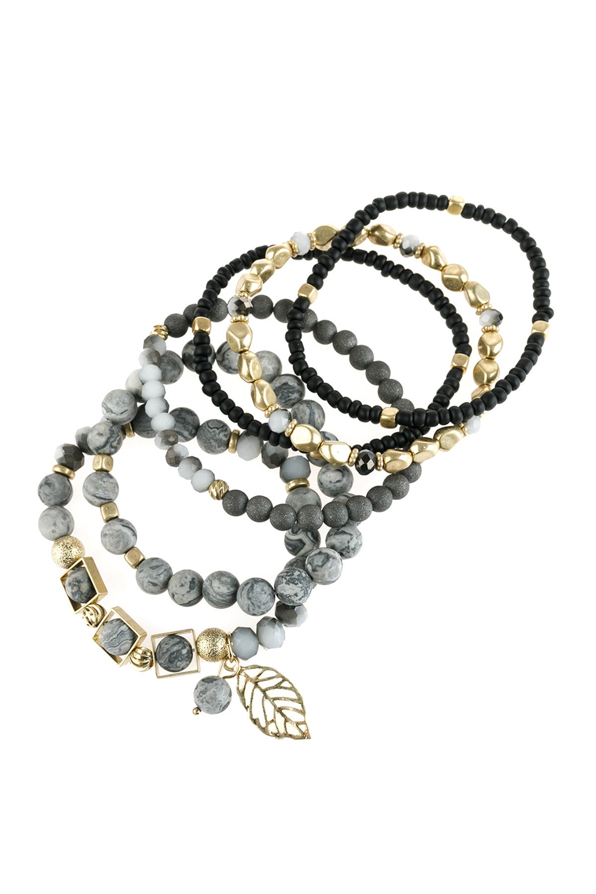 Set of 6 Jet Black Natural Stone and Acrylic Bead Mixed Leaf Charm Stretch Bracelets for Women