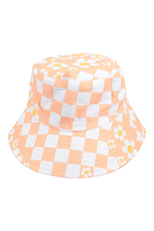 Fashionable Orange Check Flower Print Bucket Hats - Set of 6 Pieces