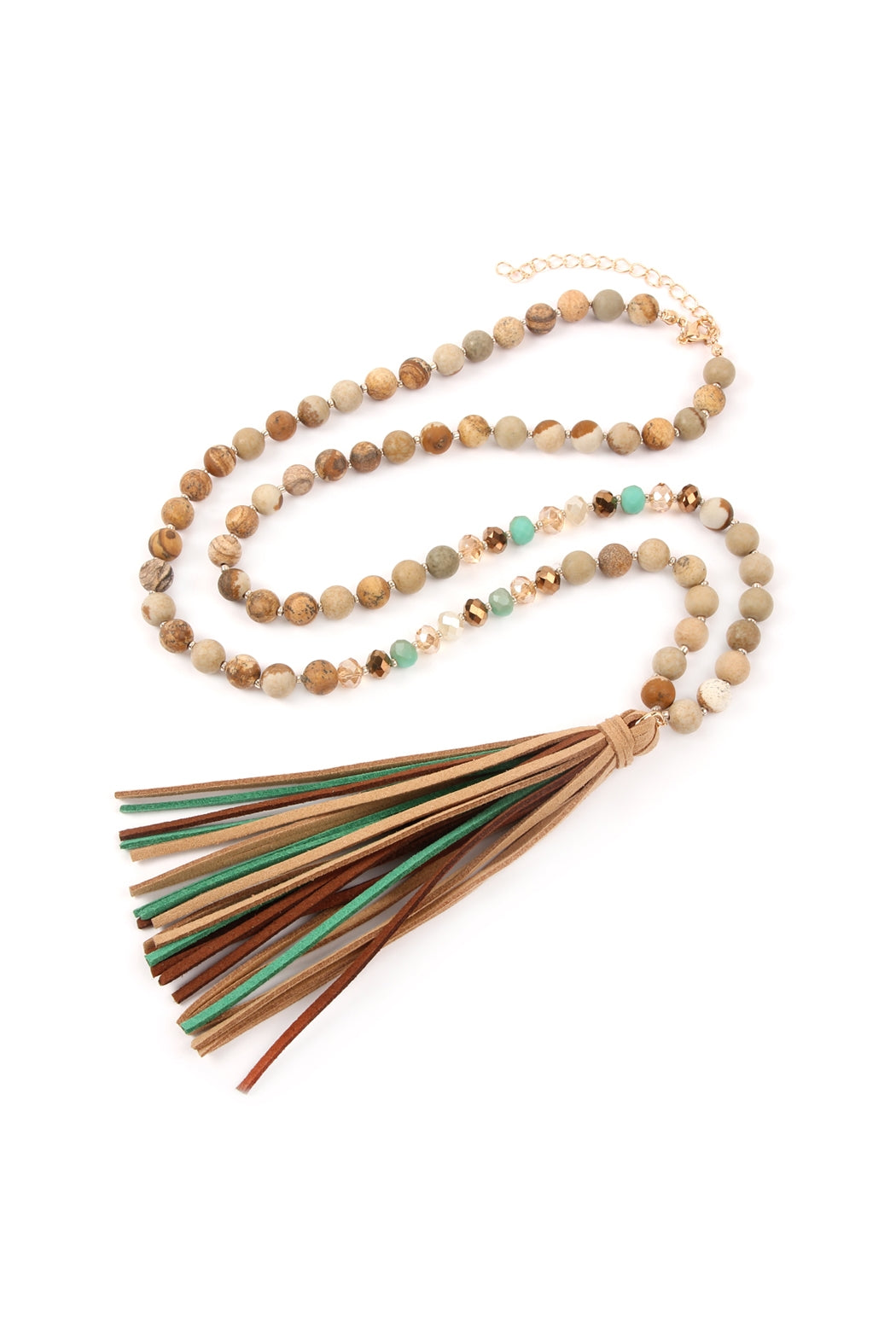 Pack of 6 Light Brown Colorful Natural Stone and Glass Beads Tassel Necklaces - Fashion Jewelry Accessory