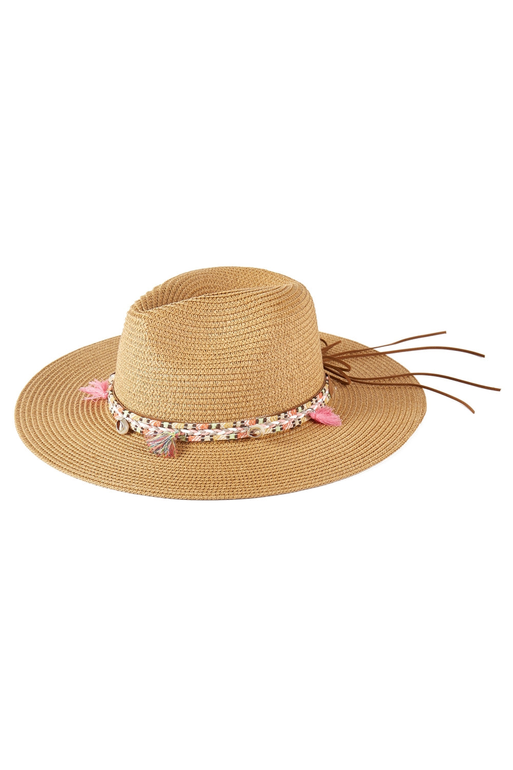 Taupe Boho Tassel Band Straw Sun Hats - Pack of 6