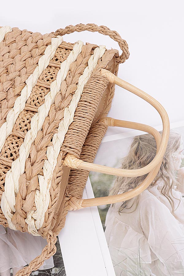 3-Piece Set of 2536 Khaki Faux Straw Two - Tone Tote Bags