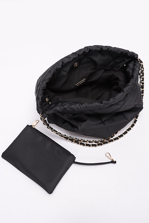 Set of 3 Quilted Padding Nylon Metal Chain Shoulder Bags in Black Color - Style 1511