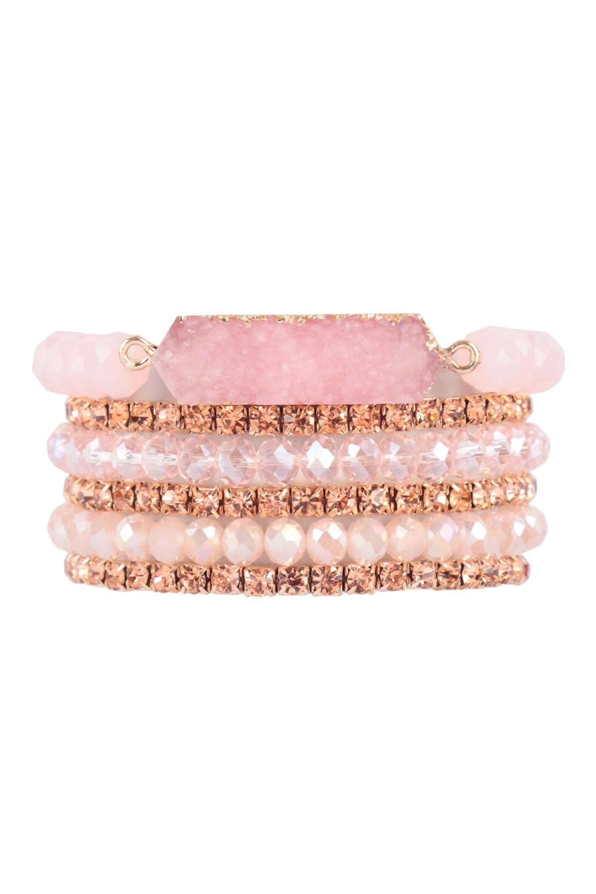 Stackable Mix Bracelet Made of Druzy, Rhinestone and Rondelle Beads in Pink - Set of 6 Pieces