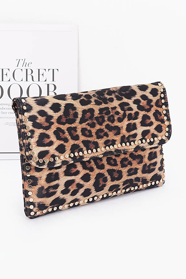 Set of 3 Nylon Leopard Metal Studded Clutch Bags - Model 3736