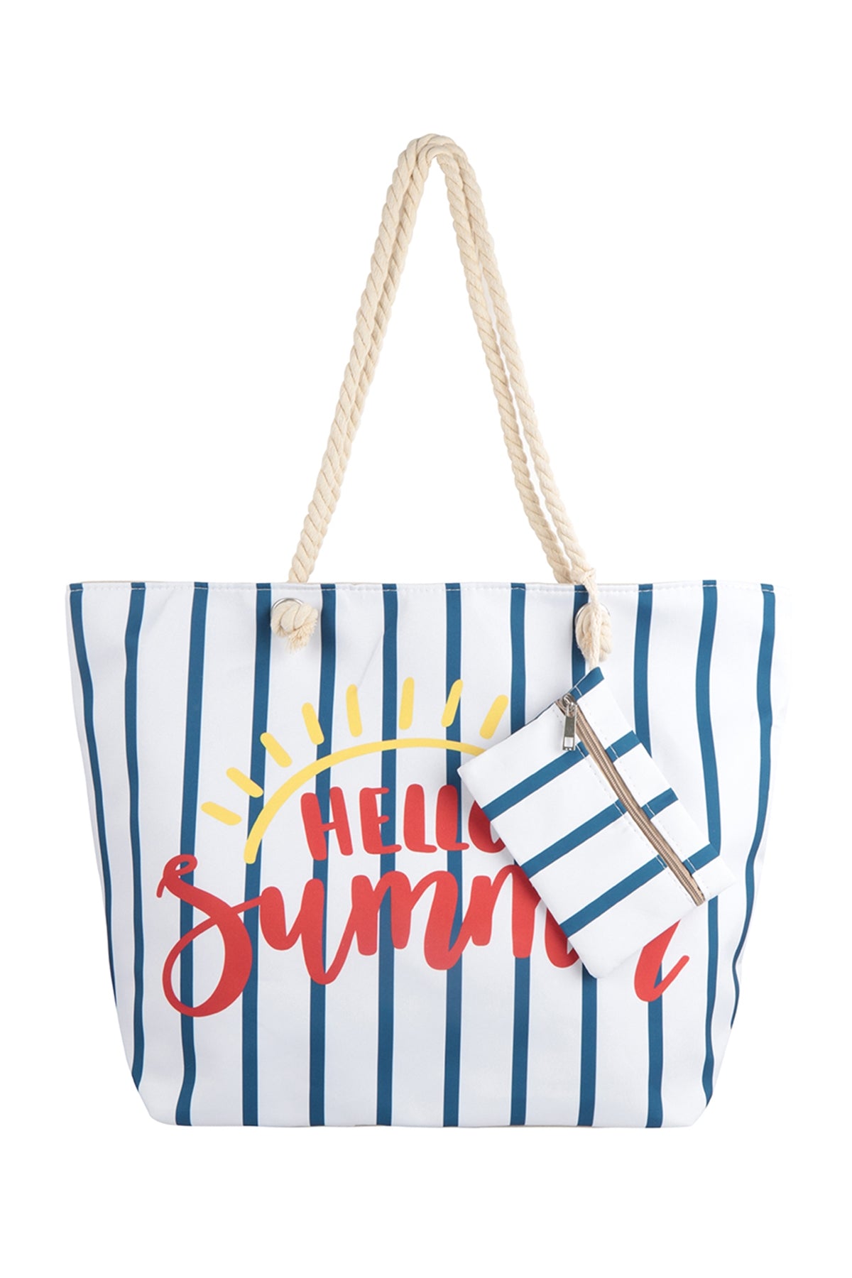 Navy Hello Summer Themed Striped Tote Bags with Matching Wallets - Set of Six