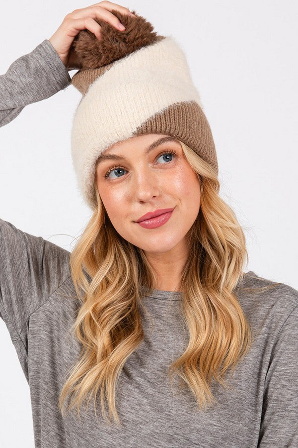 Soft Fuzzy Pom Pom Beanie in Taupe - Pack of 6