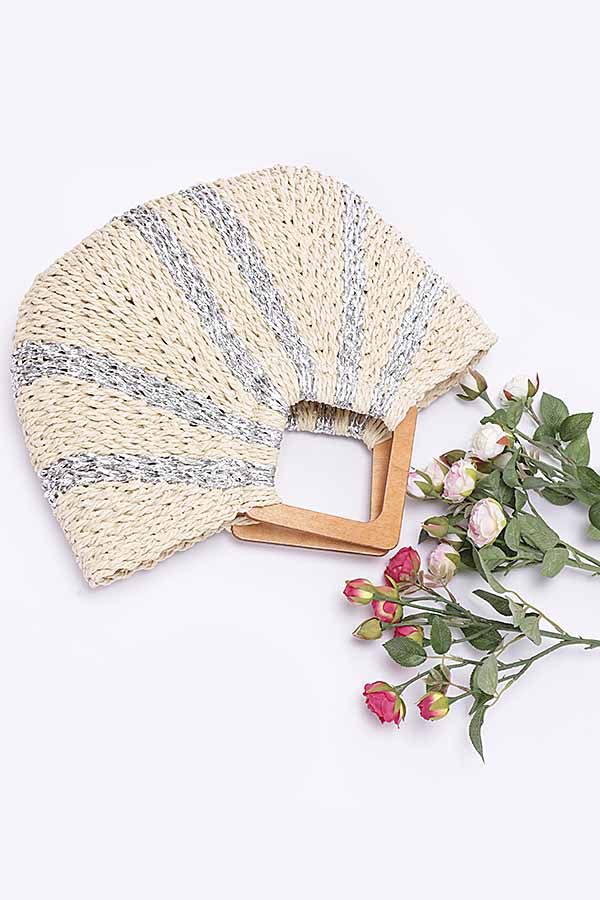Set of 3 Handmade Faux Straw Metallic Stripe Wooden Handle Bags in Ivory Color (2511)