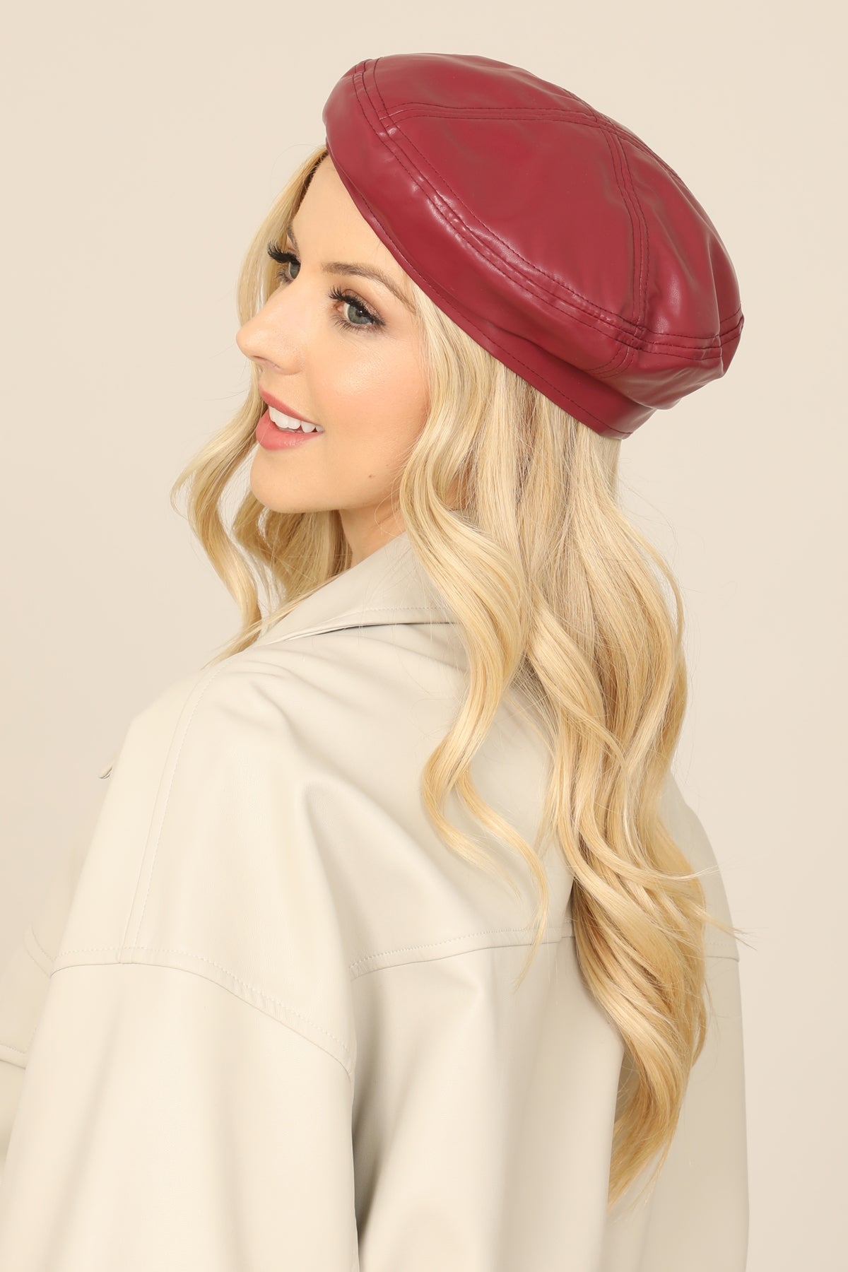 Set of 6 Burgundy Classic PU Leather Beret Hats