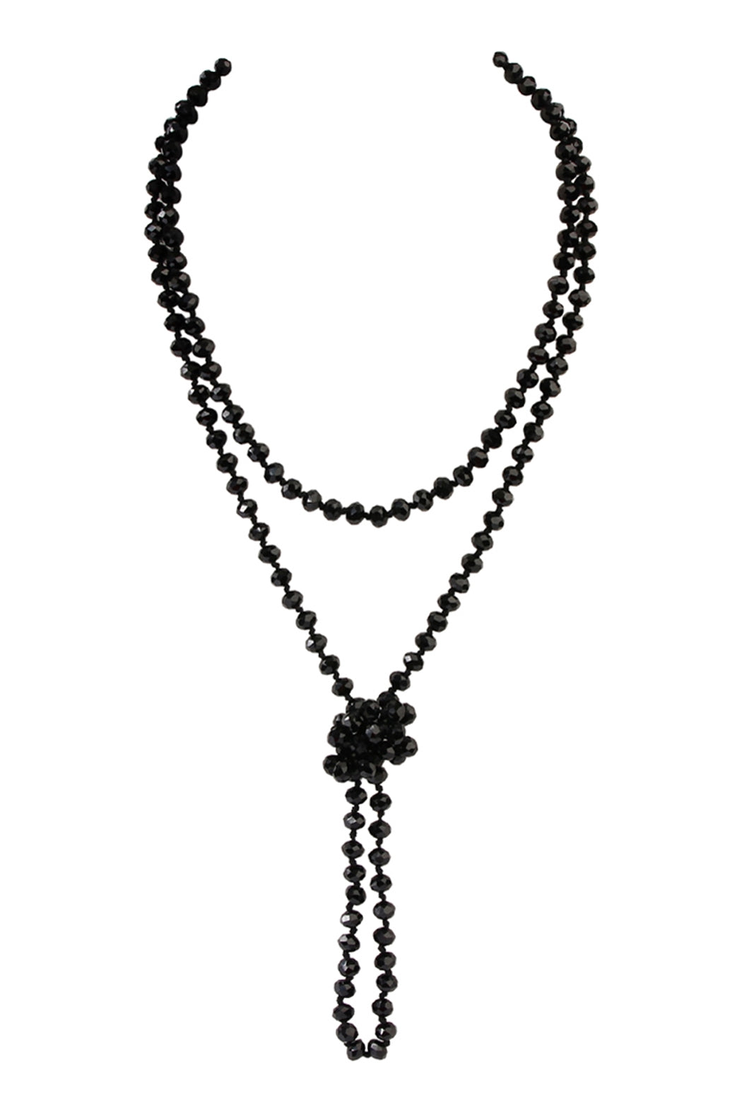 Jet Black Longline Handmade Knotted Glass Bead Necklace - Set of 6 Pieces