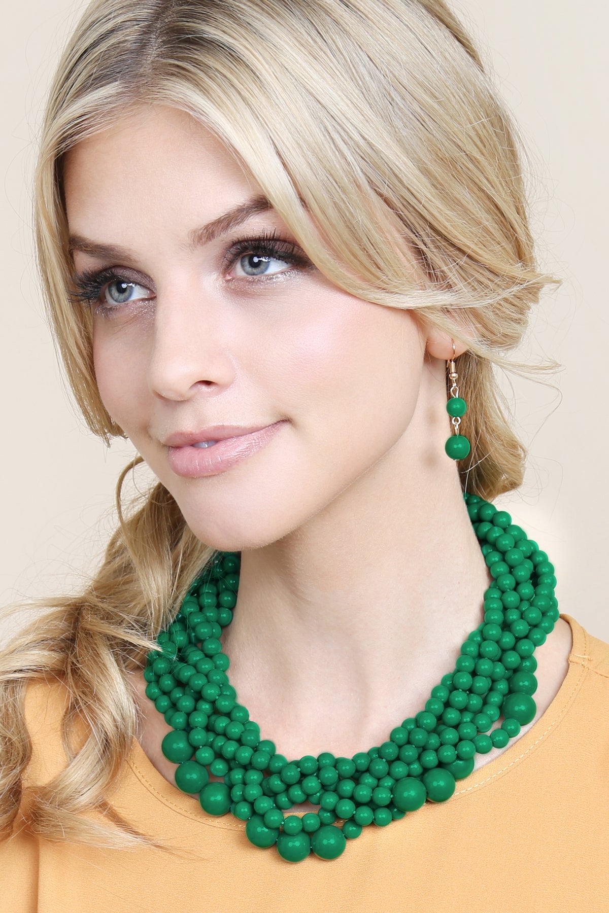 Pack of 6 Dark Emerald Multi - Strand Bubble Choker Necklace with Earrings Set