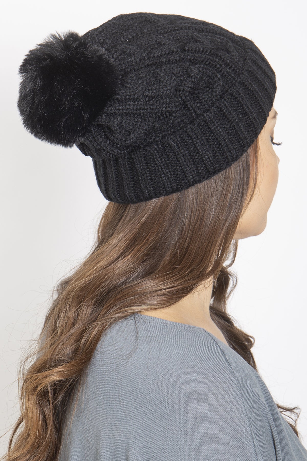 Black Chain Rib Knit Pattern Beanie - Set of Six Pieces