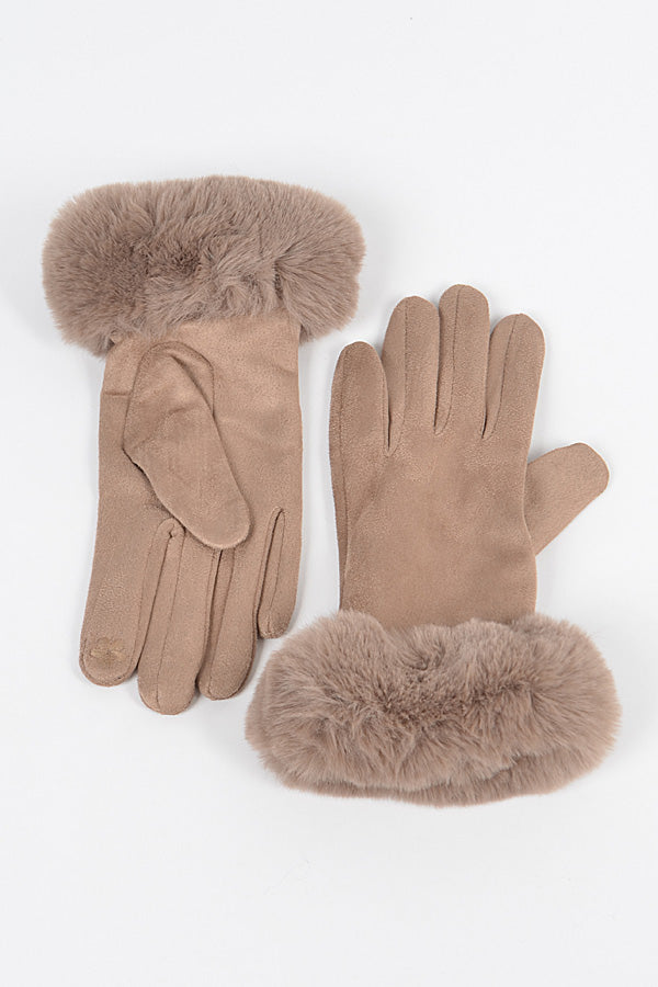 Pack of 6 Faux Suede Gloves with Faux Fur in Khaki