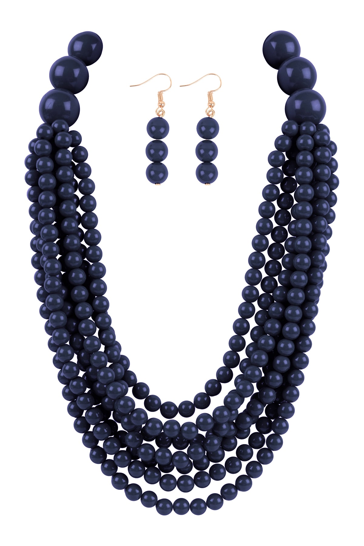 Navy Round Bead Layered Statement Necklace and Earring Set - Pack of 6