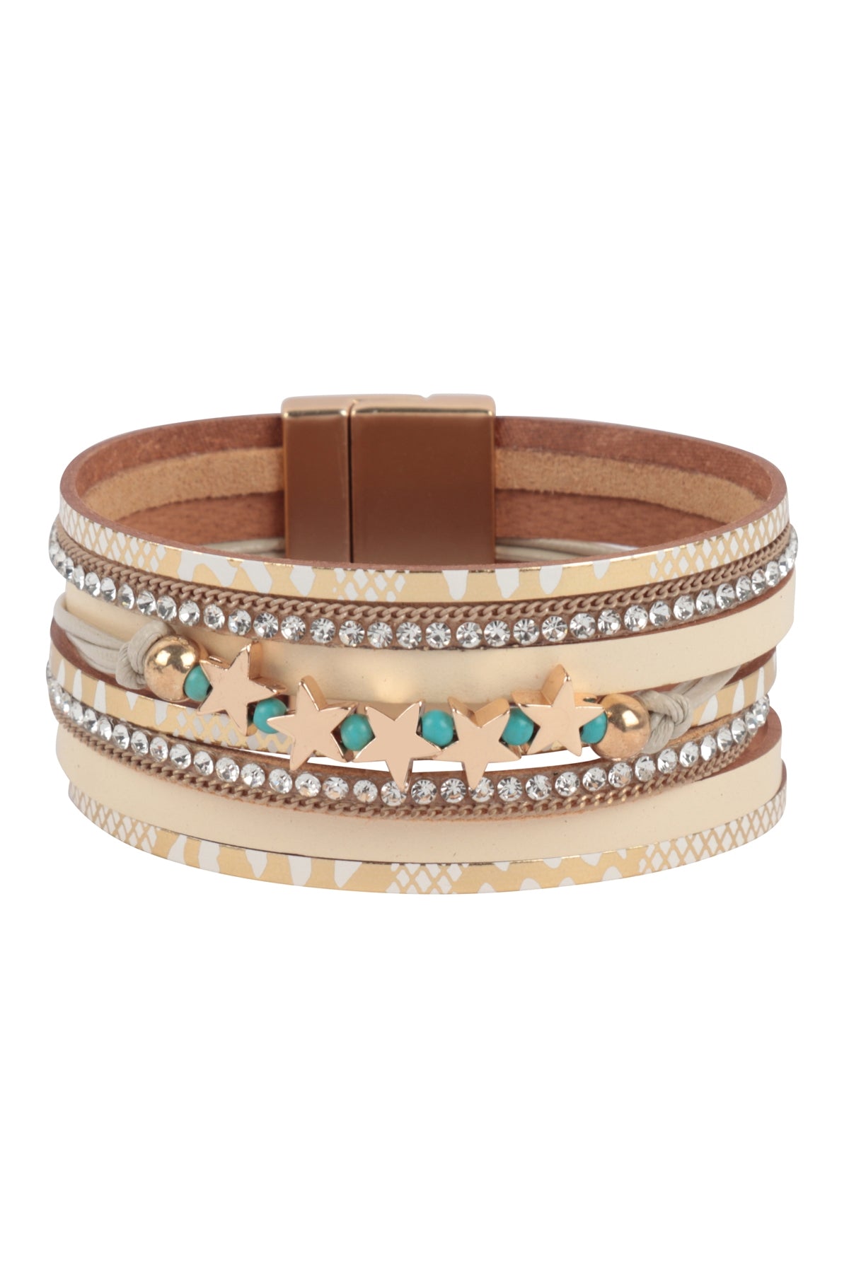 Ivory Snake Print Leather Wrap Bracelet with Star Magnetic Lock - Set of 6
