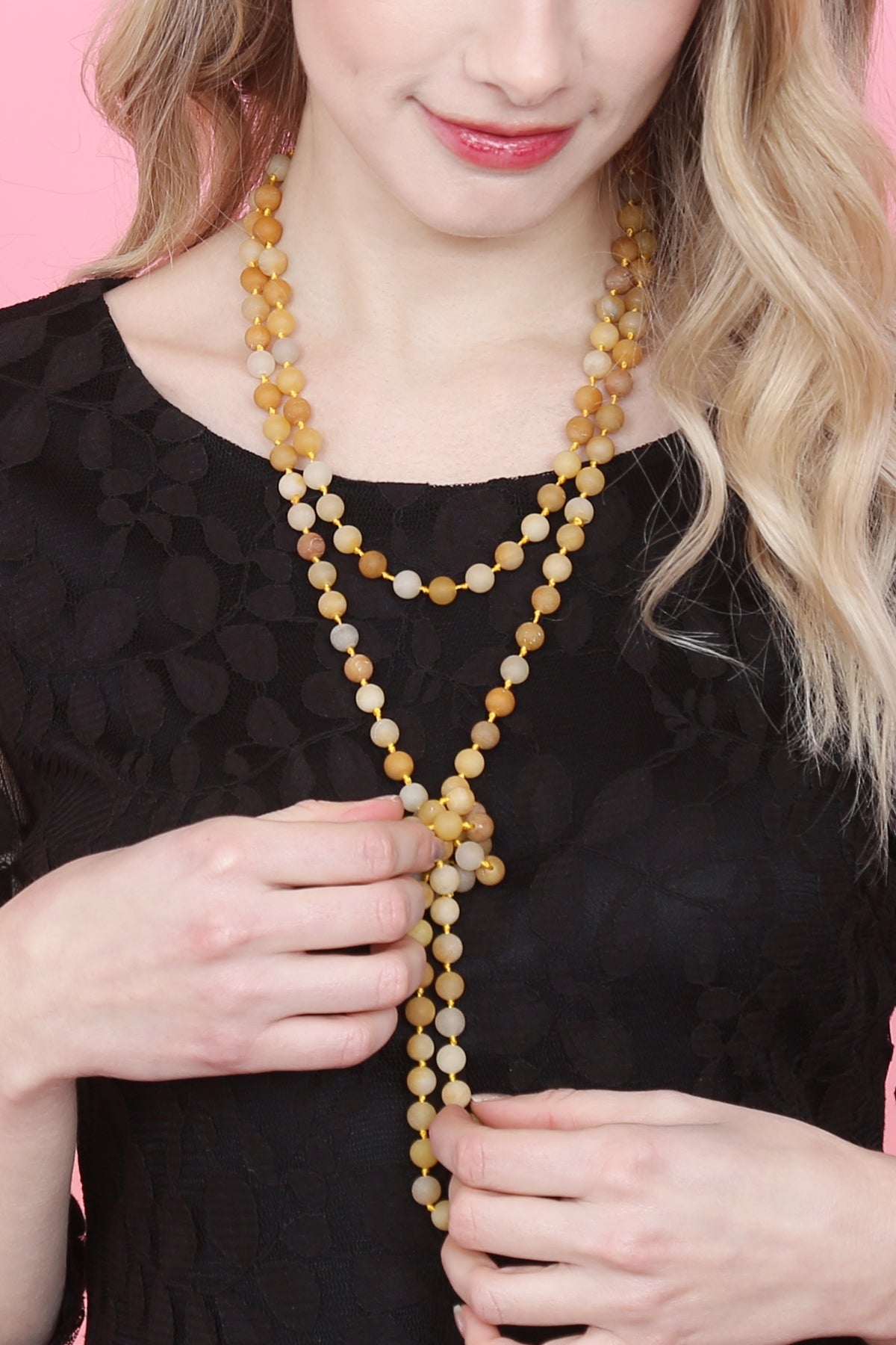Set of 6 Yellow Hand - Knotted Long Necklaces Crafted from Natural Stone