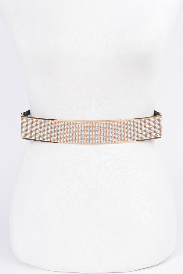 Set of 6 Rhinestone Metal Plate Elastic Belts in Black and Gold Color Scheme