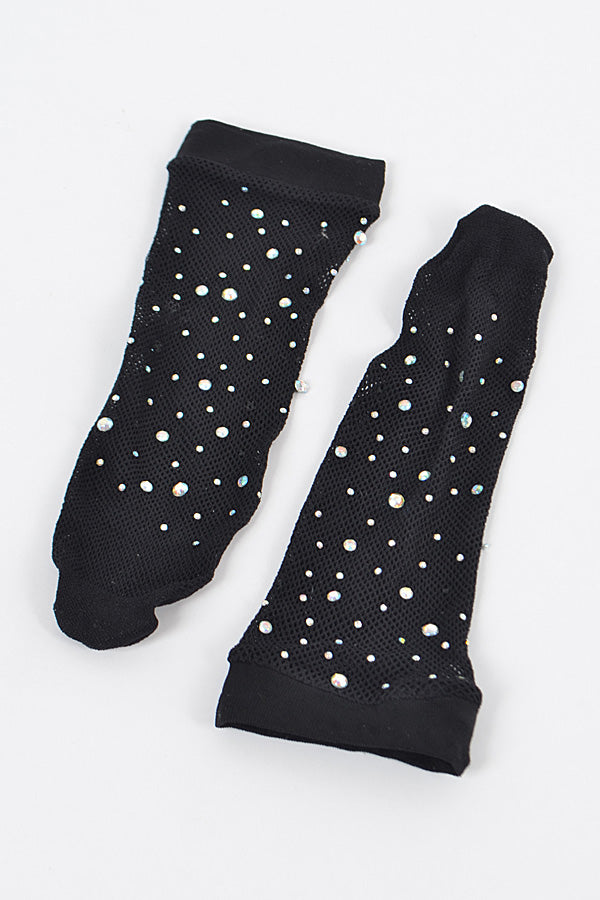 Stylish Black Rhinestone Mesh Socks - Pack of 6