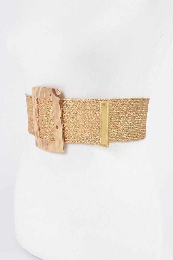Pack of 6 Rectangle Metal Buckle Stretch Straw Belts in 7578 Gold Color