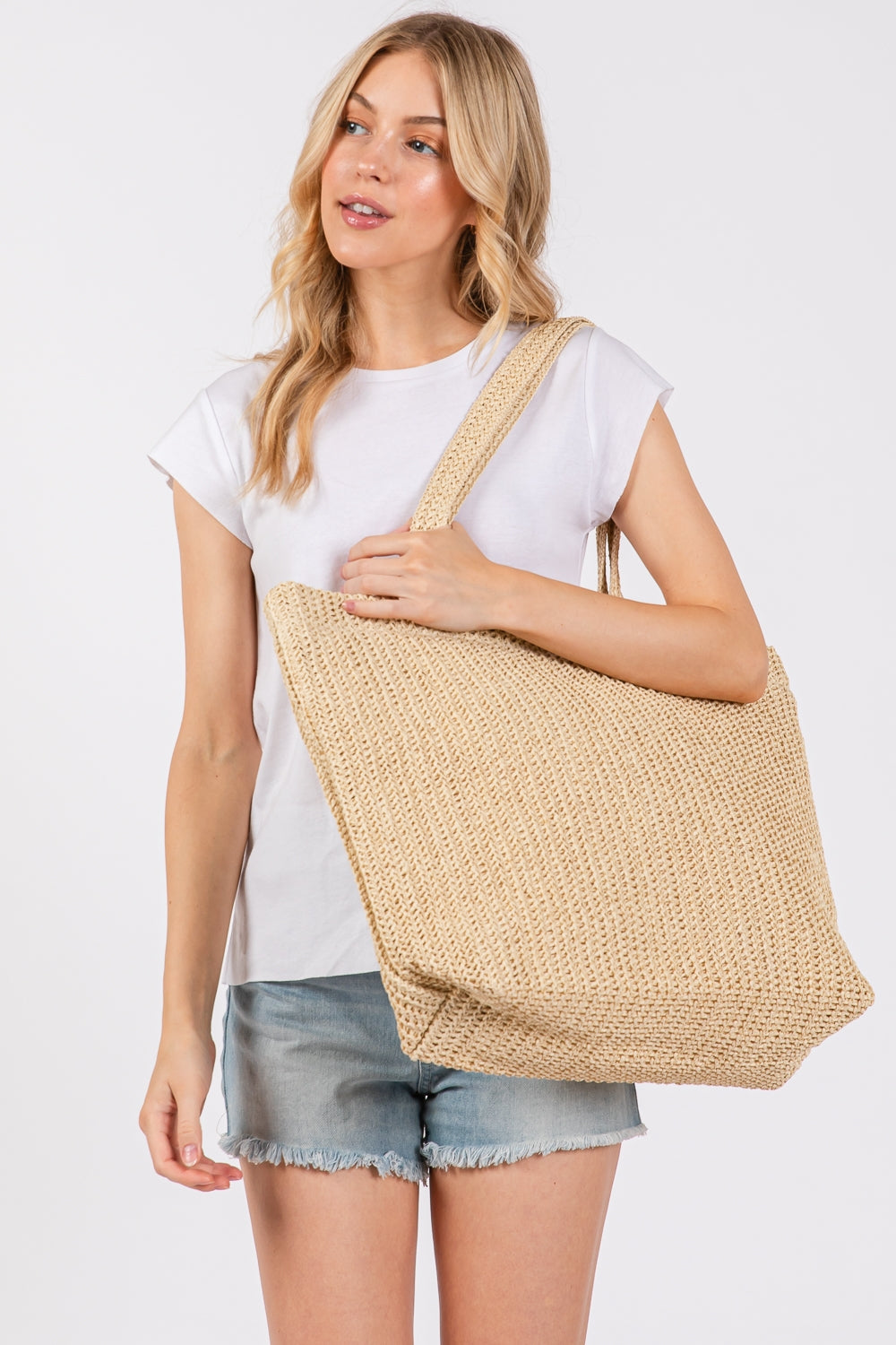Beige Solid Crochet Straw Handbag with Zipper Closure and Inner Pocket - Pack of Six Pieces