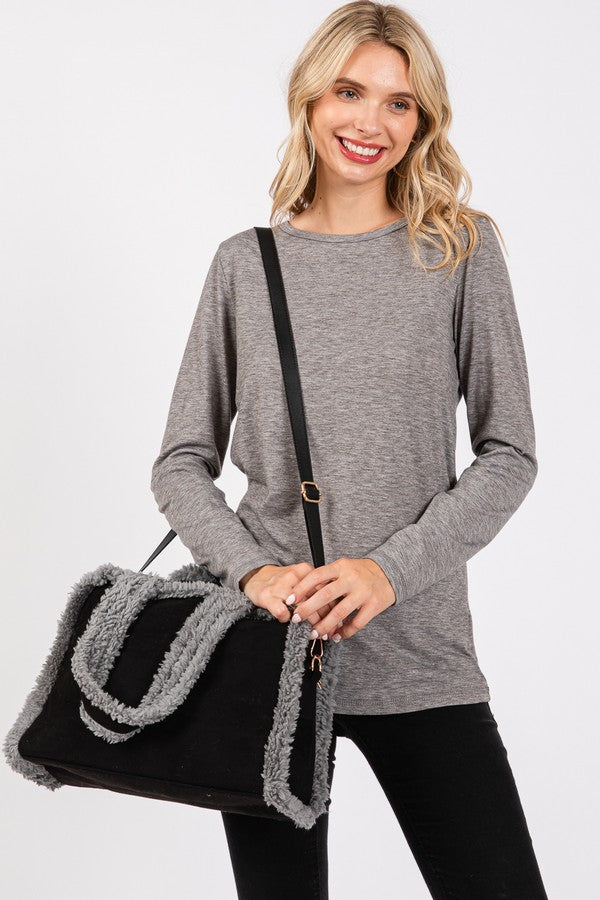 Olive Fleece Trimmed Solid Tote and Crossbody Bag - Pack of 3