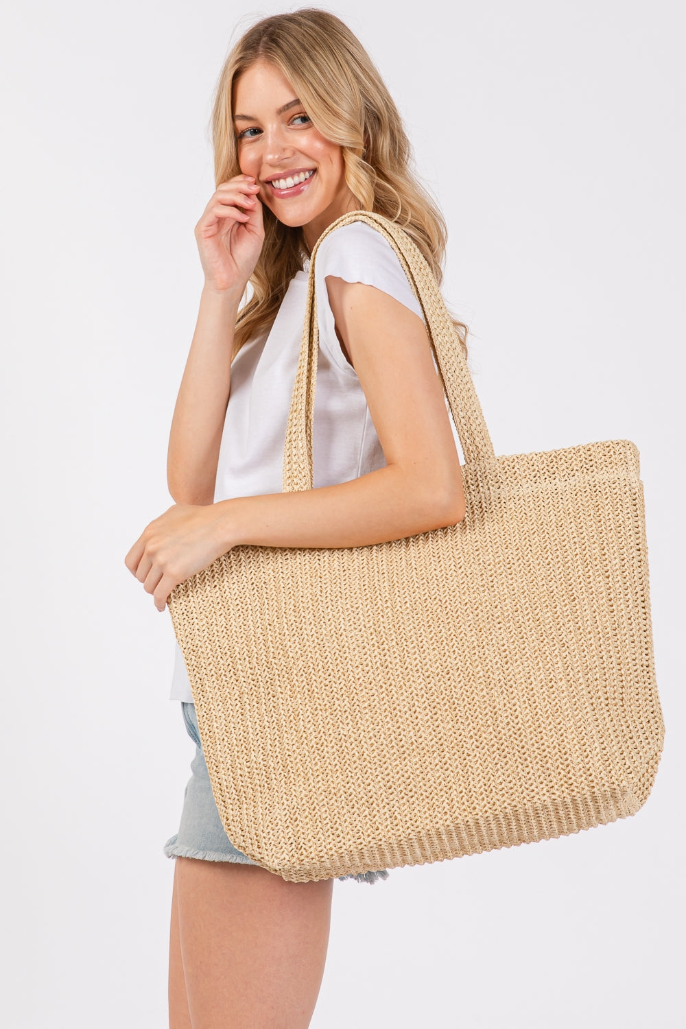Beige Solid Crochet Straw Handbag with Zipper Closure and Inner Pocket - Pack of Six Pieces