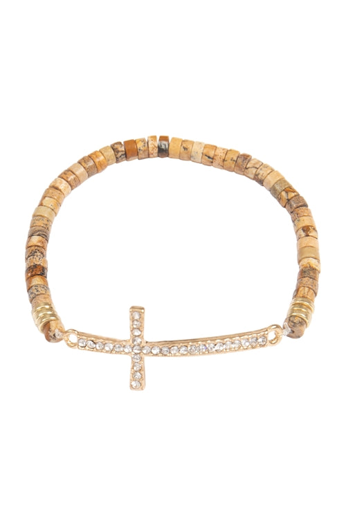 Light Brown Cross Rhinestone and Natural Stone Beads Stretch Bracelet - Set of 6