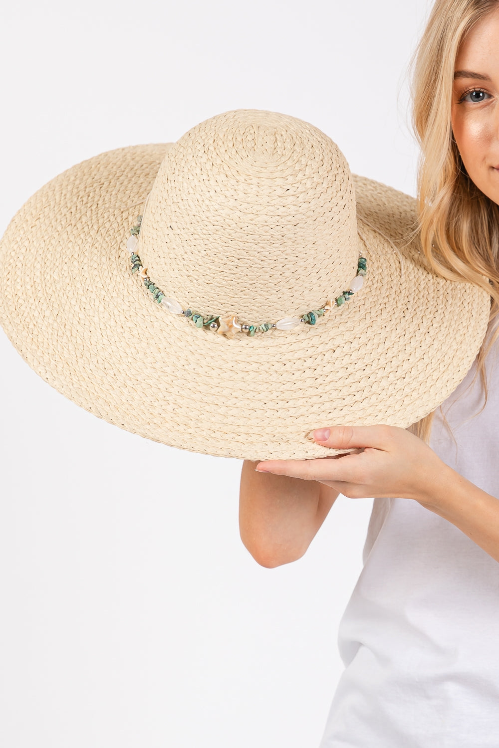 Pack of 6 Beige Wide-Brimmed Floppy Sun Hats with Turquoise Gemstone and Starfish Decorative Band