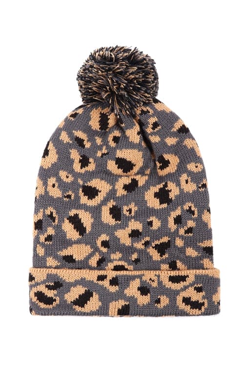 Gray Leopard Knitted Pompom Beanies - Set of 6