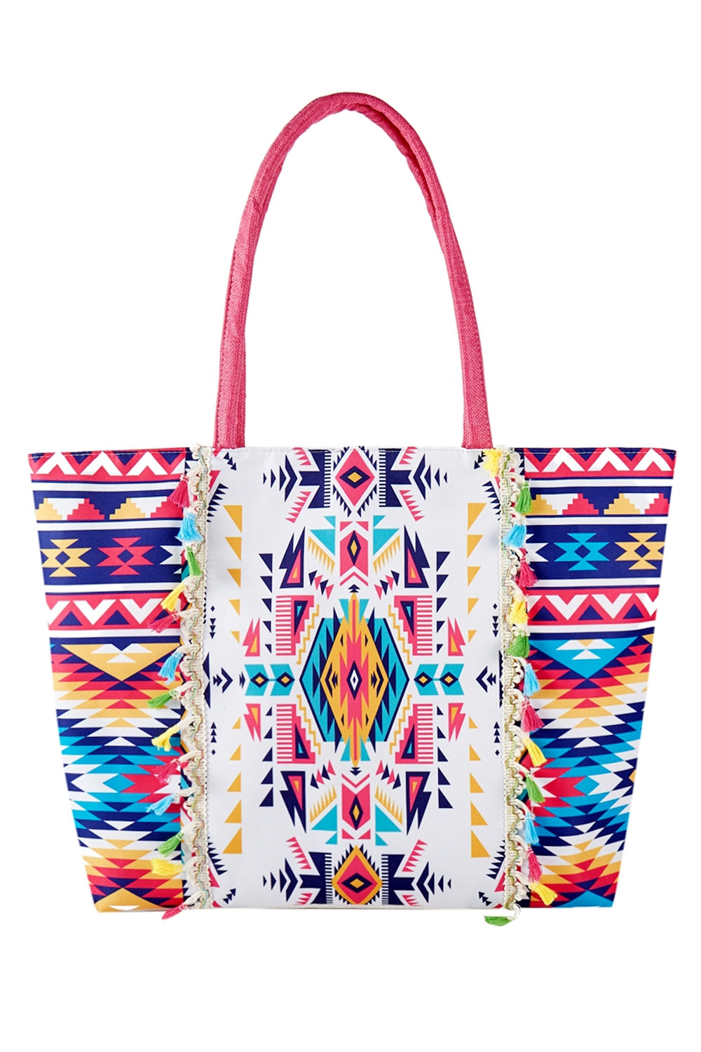 Fuchsia Boho Print Tote Bags with Fringe, Zipper Closure and Inner Pocket - Pack of 6