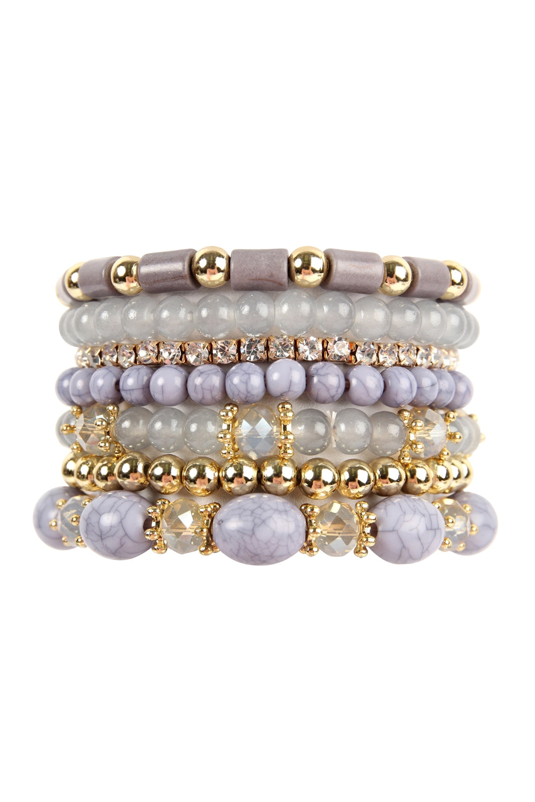 Set of 6 Stackable Gray Multi - Bead Stretch Bracelets