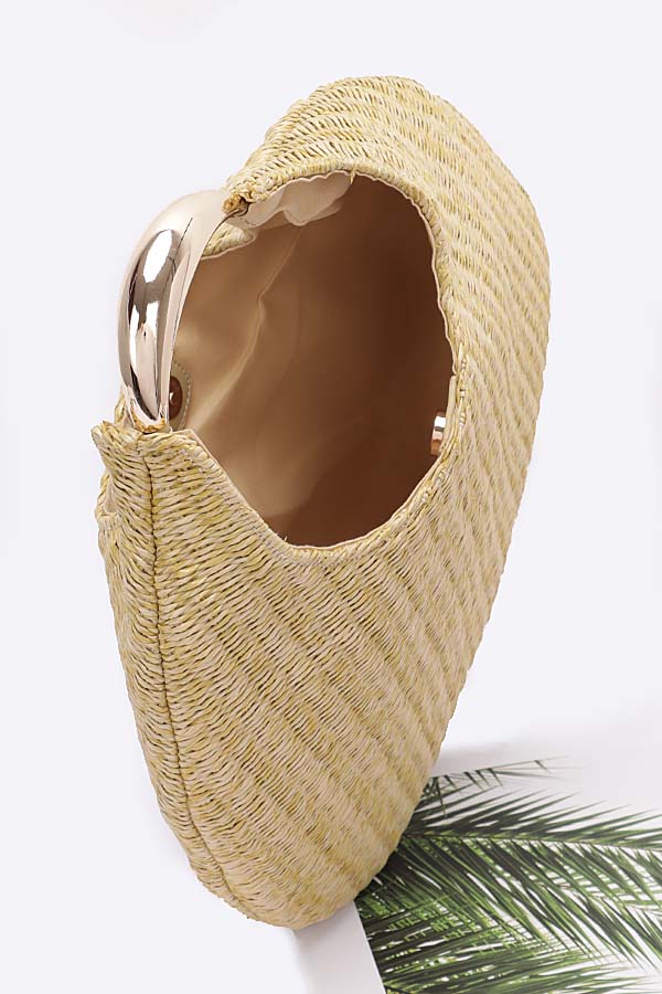 Set of Three 8811 Faux Straw Metal Handle Hobo Bags in Khaki Color