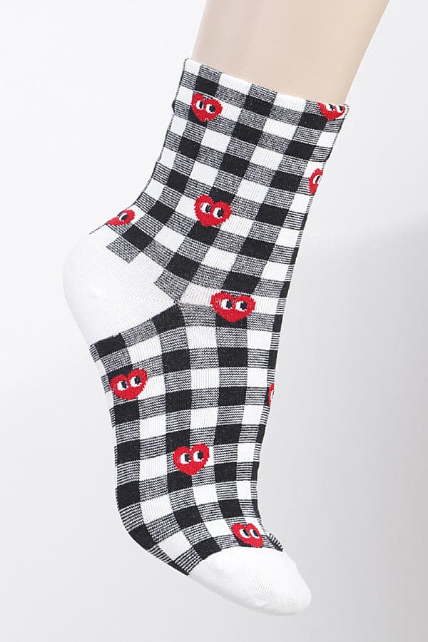 6-Piece Pack of 561 Gray Plaid Heart Crew Socks