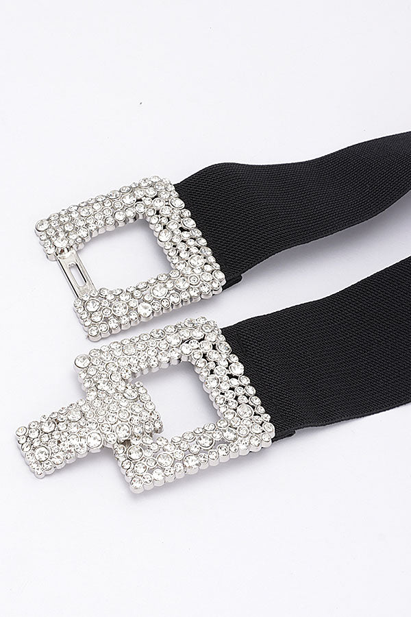 Pack of 6 Clear Gold Rhinestone Buckle Elastic Belts - 3638