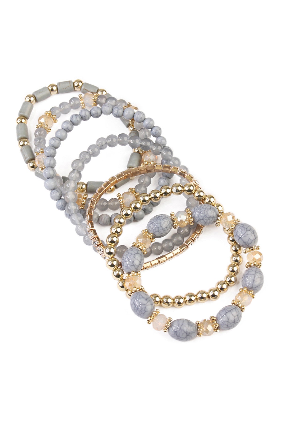 Set of 6 Stackable Gray Multi - Bead Stretch Bracelets