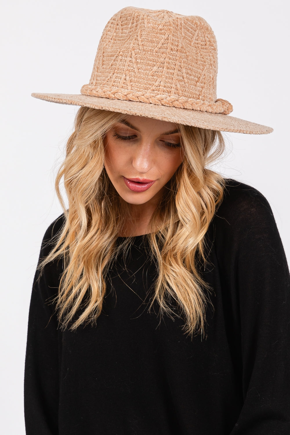 Beige Chenille Pattern Fedora Hats with Braided Band - Pack of 6