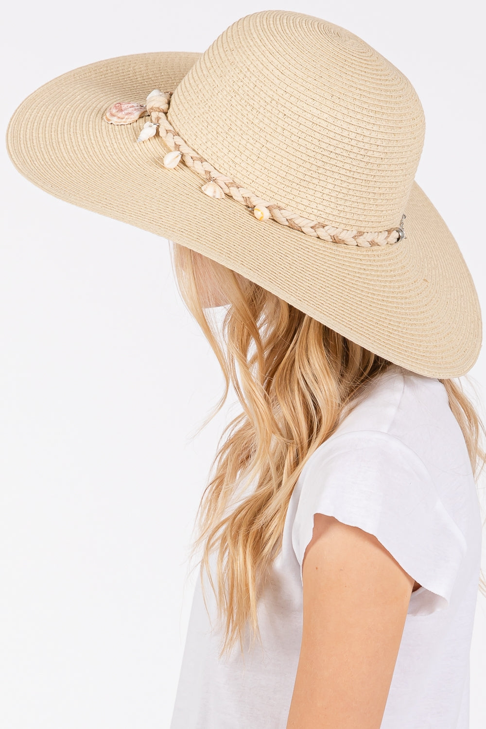 Beige Wide-Brim Straw Sun Hat with Shell and Conch Braided Band - Set of 6