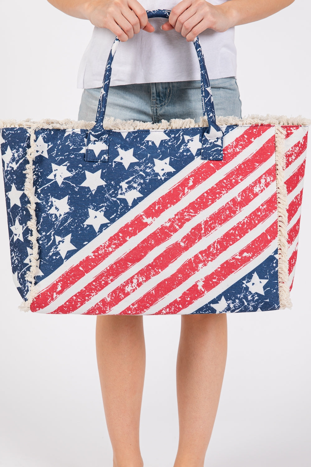 Pack of 6 American Flag Pattern Polyester Fringe Handbags with Magnetic Closure and Inner Pocket, USA Style