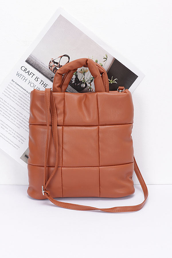 Set of 3 Camel - Style 9626 Quilted Faux Leather Padded Tote Bags