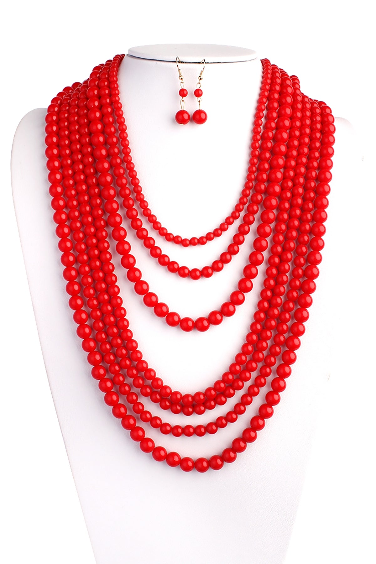 Set of 6 Multilayer Red Acrylic Necklaces and Earrings