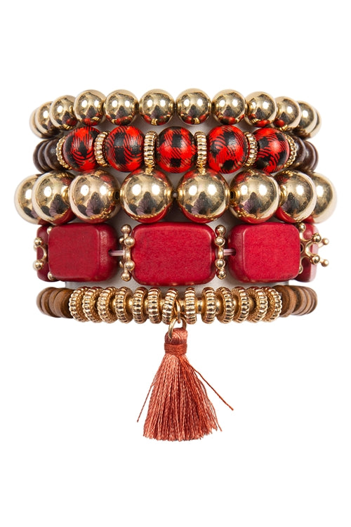 Versatile Set of Red Check Pattern Wood Square Bead, Tassel Pendant, and Charm Bracelets - Pack of 6