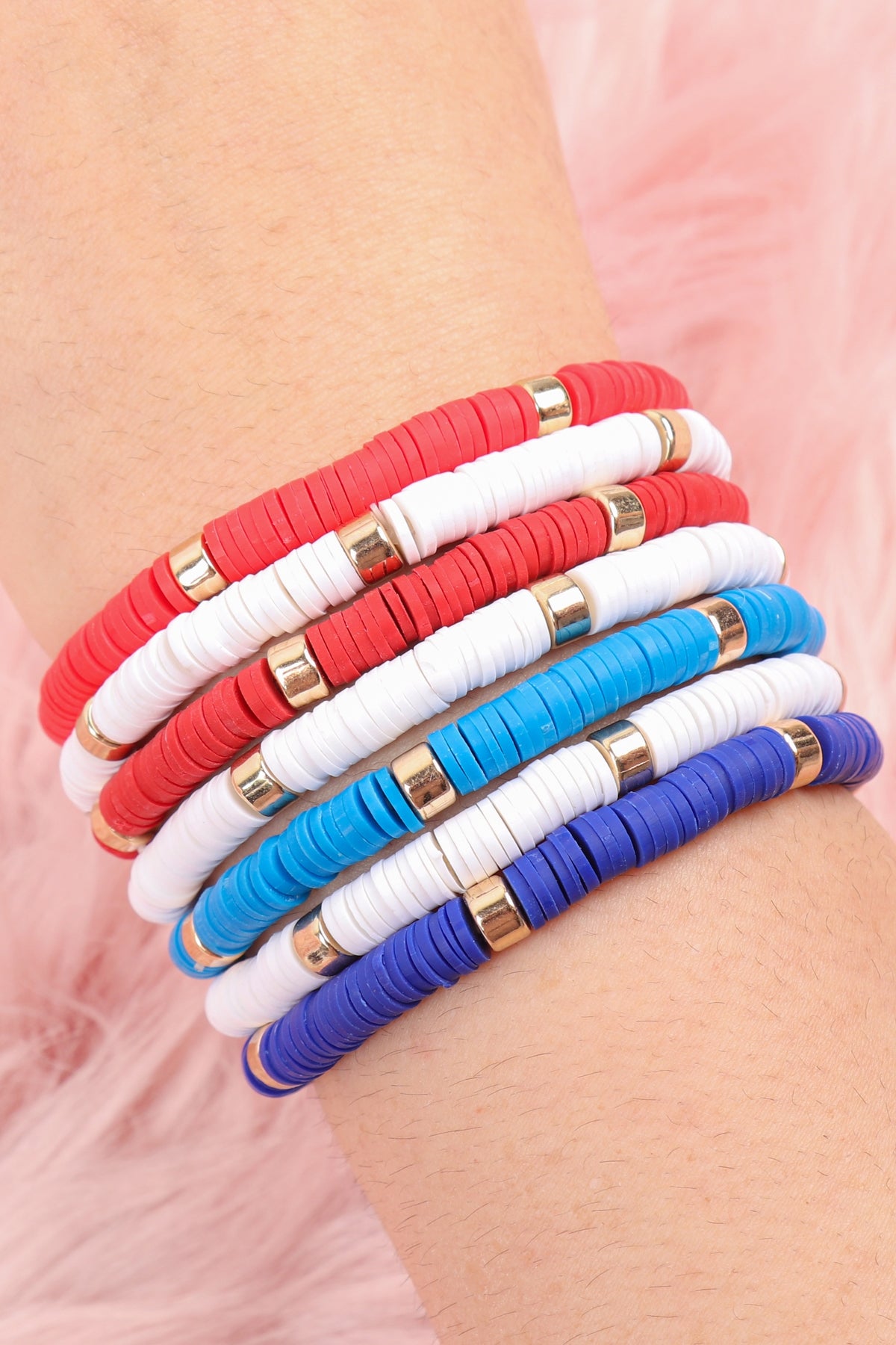 USA Multi - Strand Leather and Beaded Stretch Bracelet Set - Pack of Six