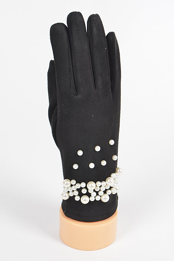 Pack of 6 Faux Suede Gloves with Imitation Pearl in Black Color - 1548 Model