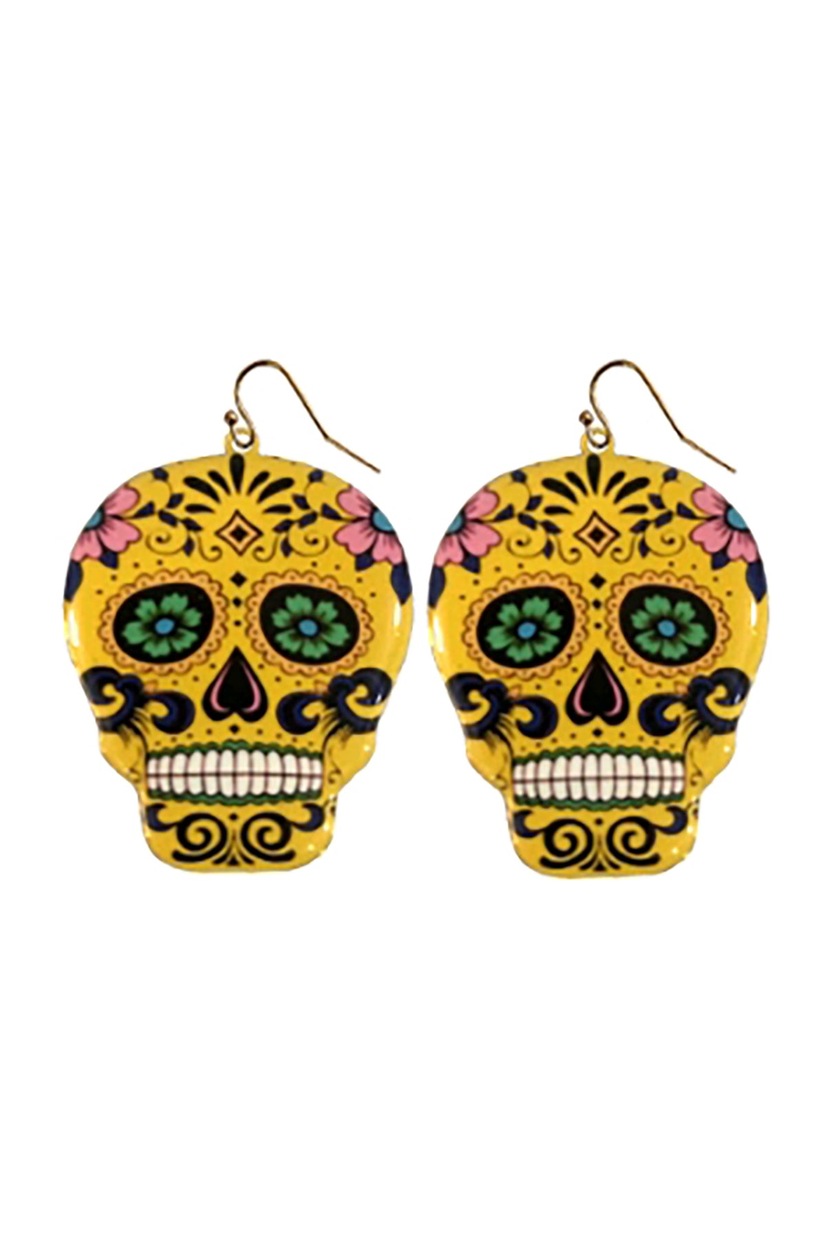 Yellow Halloween Sugar Skull Dangle Fish Hook Earrings - Set of 6