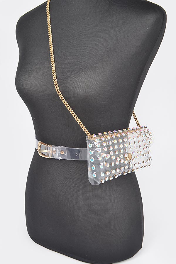 3-Pack of Clear Rhinestone Belt Bags with Chain