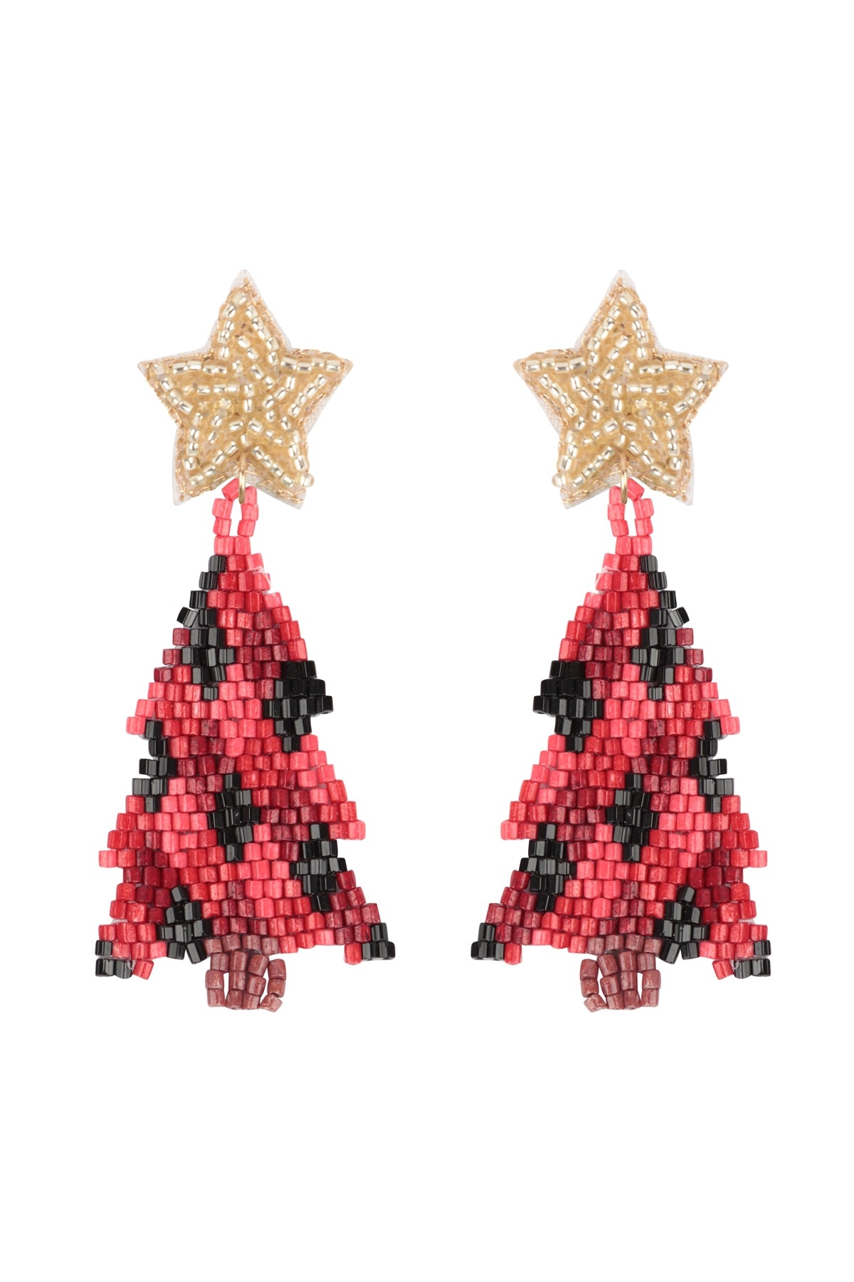 Pack of 6 Red Christmas Tree - Shaped Earrings with Star - Style Seed Bead Drops